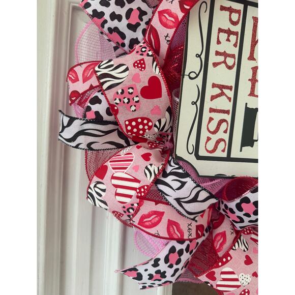 Leopard Valentines Day Mesh Ribbon Wreath, Kissing Booth Sign, Front Door Hanger - Picture 3 of 7